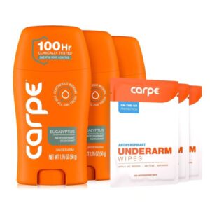 Carpe Antiperspirant Deodorant. Eucalyptus – 3 Pack + 3 Bonus Wipes | 100-Hour Sweat & Odor Control.